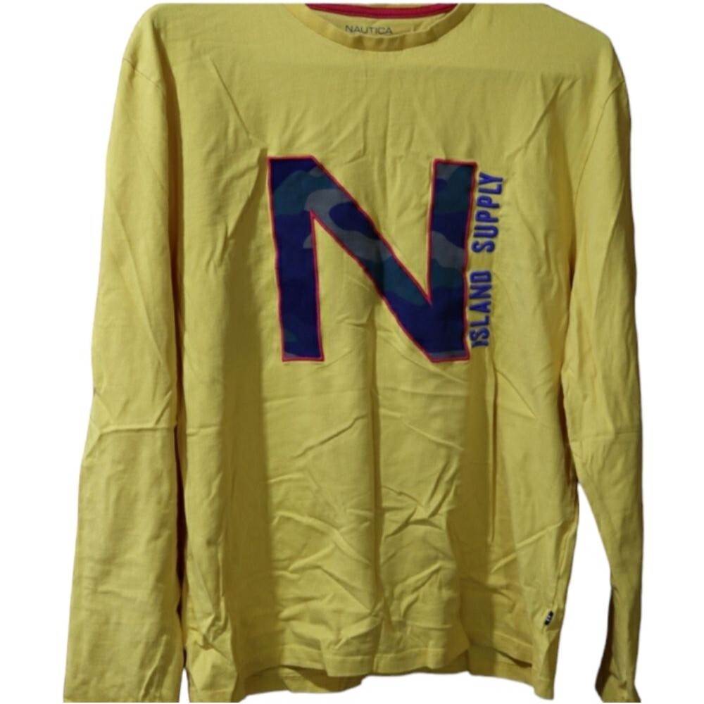 Nautica Yellow Long Sleeve Island Supply Camo N Spellout Shirt Classic Fit Med